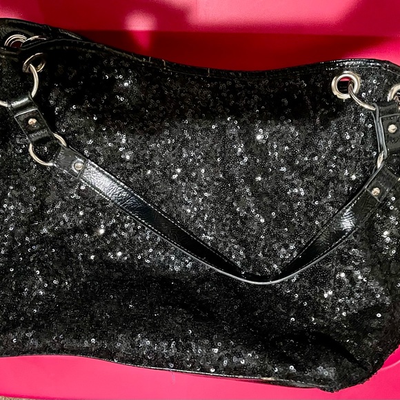 Nine West Black Sequin Purse, leopard print lining - Picture 8 of 11